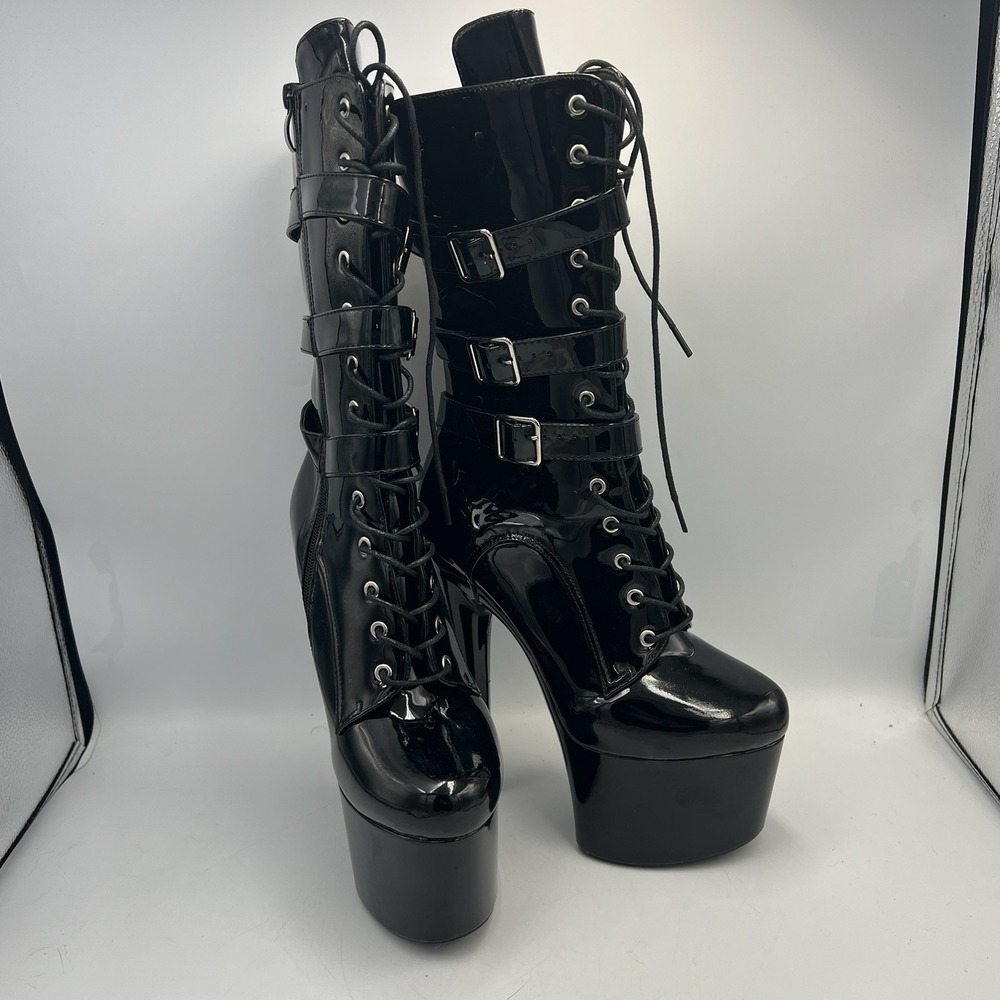 Pleaser Adore 2043 Black Patent Leather Lace Up Boots Sz 39 NEW